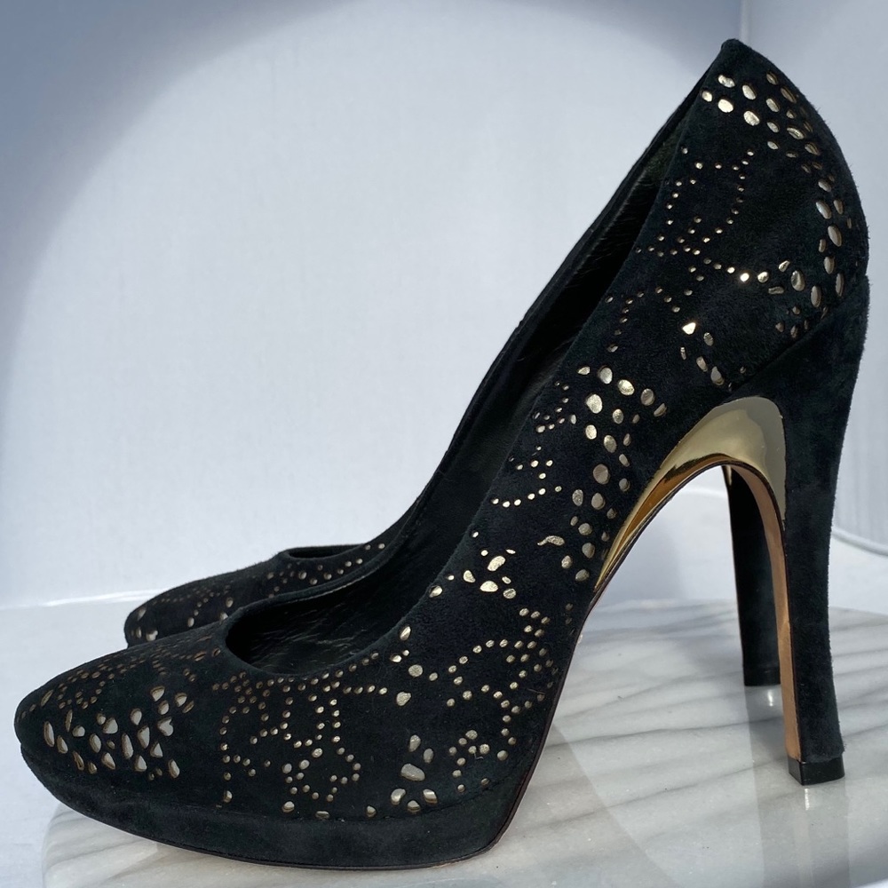 Alice+Olivia Black Gold Platform Stiletto Heels Y2K Vintage Suede Laser Cutout 9
